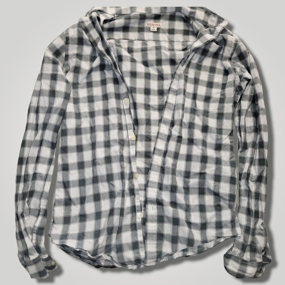 Merona Button Up Shirt Mens Small Long Sleeve White Plaid